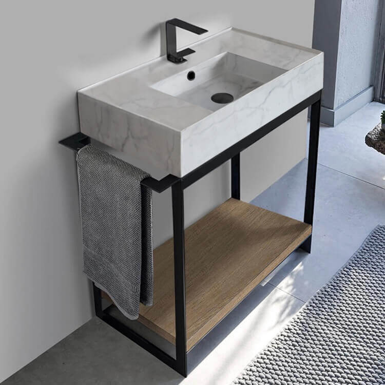 Scarabeo 5123-F-SOL2-89-One Hole Console Sink Vanity With Marble Design Ceramic Sink and Natural Brown Oak Shelf